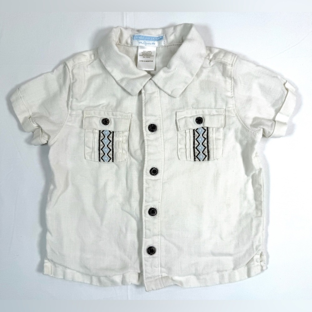 JANIE AND JACK Baby Button Up Shirt 3-6 Months Linen‎ Blend Short Sleeve Preppy